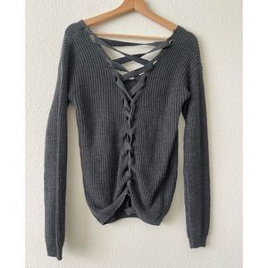 Haute Monde Grey Ribbed Sweater With Ribbon Back